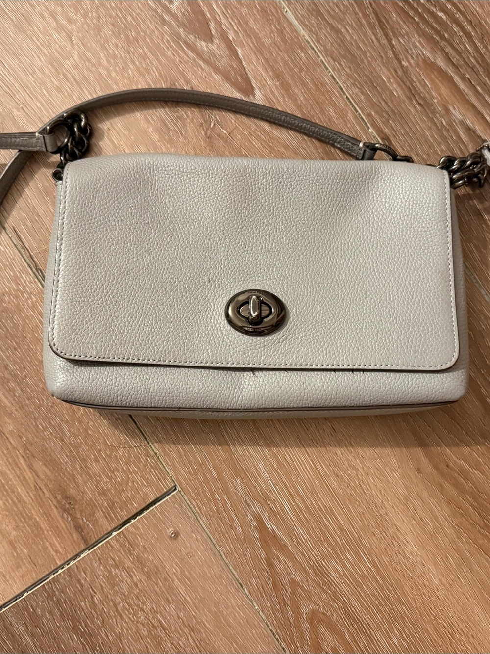 Coach Pebbled Leather Turn-Lock Shoulder Bag in Light Gray